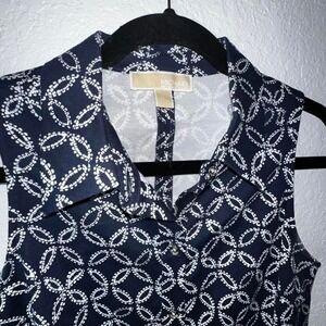 Michael Kors Navy Blue & White Patterned Sleeveless Dress Size 6 Button-up